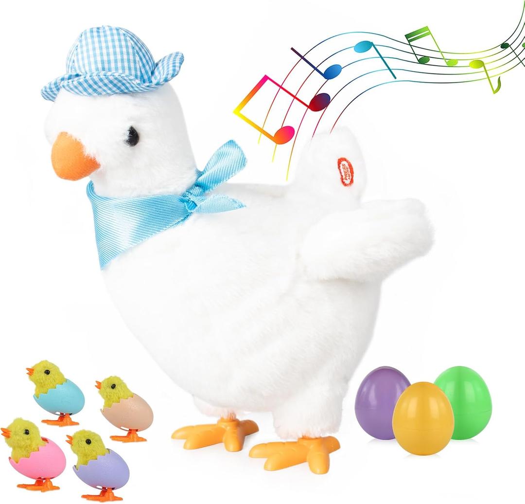 Plush Electric Stuffed Laying Egg Chicken Toy Doll with Sound Music Easter for Boys Girls (White01)