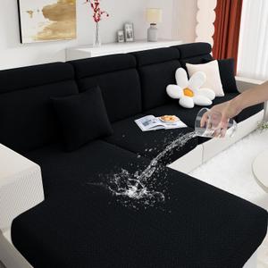 hyha Waterproof Sectional Couch Cushion Covers, Wear Resistant Sofa Slipcovers Washable, Anti Slip L Shape Couch Covers for Sectional Sofa, Furniture Protector for Pets (1 Piece Chaise, Black)