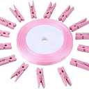 jijAcraft 100Pcs Clothespins with Ribbon, 1.4Inch Wooden Clothes Pins with 25Yds Pink Ribbon, Pink Photo Clips, Small Baby Shower Decor Clips, Crafts Clothespins for Wedding, Birthday