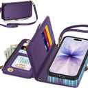 TUCCH Removable Crossbody Wallet Case for iPhone 17 (6.3"), 9 Card Holders RFID Blocking, Lanyard, Wrist Strap, Wireless Charging, Stand, Zipper Pocket, PU Leather, Magnetic Flip Cover, Deep Purple