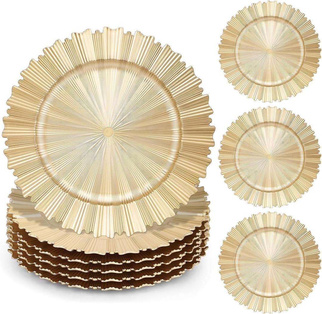 6 Pcs Gold Charger Plates,13 Inch Elegant Fluted Edge Plastic Charger Plates Reusable Table Chargers for Dinner Birthday Wedding Party Bridal Showers Tableware Dishes Luxury Decor