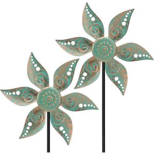 2 Pack Wind Spinners Outdoor Clearance Metal Vintage Green,Wind Sculpture Small Iron Windmill is Decorative Garden Stakes for Patio Lawn Outdoor Yard Lawn Garden Decor