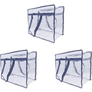 WINCUR Large Clear Zippered Storage Bags for Clothes, 40L Closet Organizer and Storage Containers Foldable Tote Moving Bags Transparent Handbag for Bedding,Linen,Blankets,ComfortersNavy Blue 3PCS