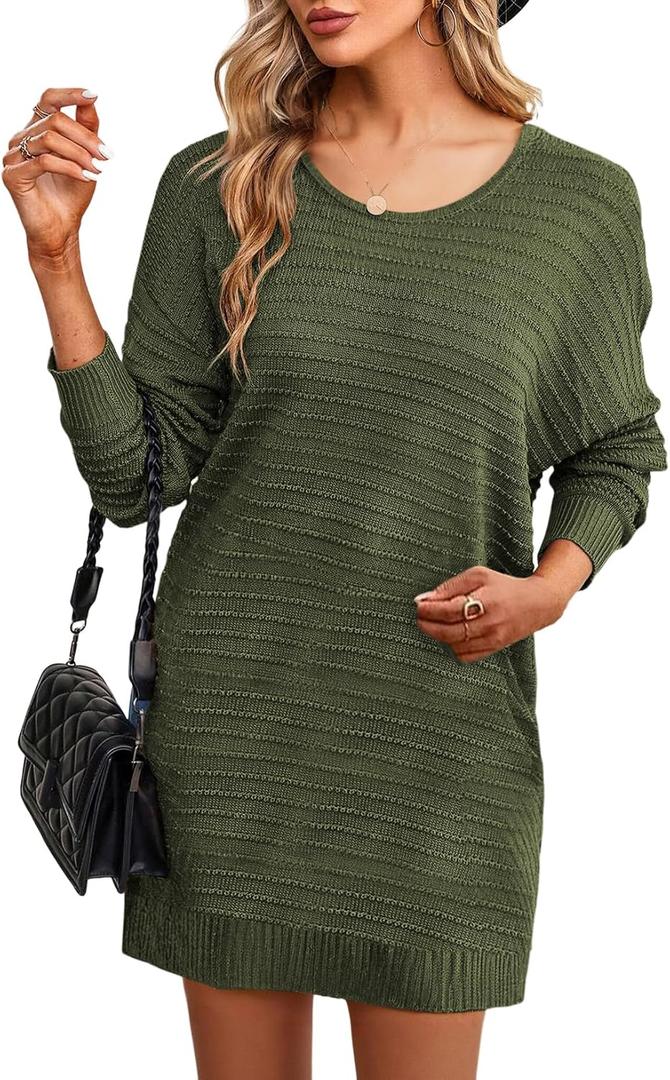 Dokotoo Womens Sweater Dresses 2025 Trendy Casual Crew Neck Long Sleeve Textured Pullover Knit Dress (Green, L)