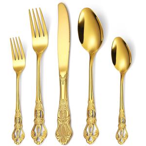 Gold Gorgeous Retro Royal 40 Pieces Flatware Set for 8,Silverware Set 18/0 Stainless Steel Mirror Flatware Cutlery Set, Include Forks Spoons and Knives set, Antique Baroque Dishwasher Safe