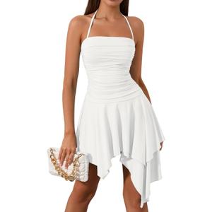 EYNMIN Women's Summer Mini Dress Bodycon Ruched Backless Halter Flowy Ruffle Party Club Short Dresses (White)