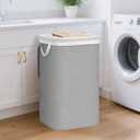 STORAGE MANIAC Metal Frame Laundry Hamper with Lid, 90L Tall Laundry Baskets with Removeable Bag, Large Clothes Hamper with PU Tag, Laundry Bin for Dorm, Collage, Bathroom, Bedroom, Gray