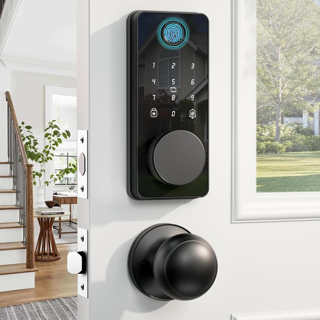 Keyless Entry Door Lock with 2 Knobs, Biquole Fingerprint Keypad Deadbolt, Smart Deadbolt for Front Door Lock Set, Auto Lock, One-time Codes, Easy to Install, App Control