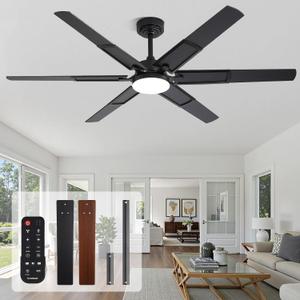 60 Inch Ceiling Fans with Lights and Remote, Living Room Office Library Cafe Indoor Outdoor Industrial, 5CCT Dimmable, Dual Color 6 Blades, 6 Speed Reversible Quiet DC Motor, Black/Wood Grain