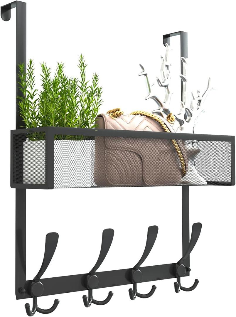Over The Door Hooks Organizer,Over Door Hanger Towel Rack Mesh Basket with 12 Hooks,Back of Door Storage Organizer for Bedroom,Bathroom,Kitchen,Office(Black)
