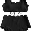 TSWRK Women's High Waist Bikini Vintage Scalloped Trim Two Piece Swimsuit, Black