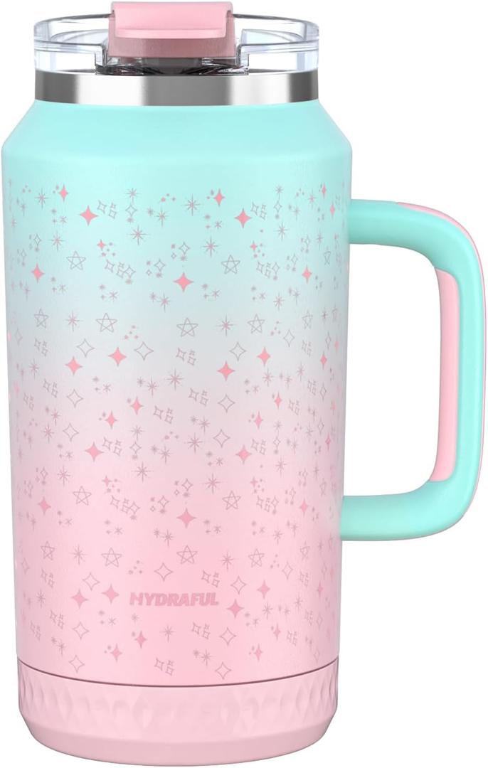 Hydraful 64 oz Tumbler with Handle and Straw - 100% Leak-Proof - Insulated Cup Reusable Stainless Steel Large Water Bottle Travel Mug for Gym, Hiking, and Camping - Gifts for Women Men Him Her (Star_Bubblegum)