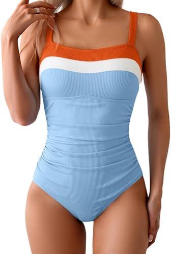 Aidonger Women's Ribbed One Piece Swimsuits Color Block Tummy Control Bathing Suit Slimming 1 Piece Swimwear, M