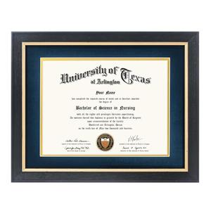GMFrames 8.5x11 Wood Diploma Frame with Navy Mat or Display 11x14 Certificates without Mat,Tempered Glass,Rustic Black Finish with Gold Trim