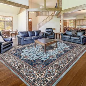 Area Rug for Living Room, 8x10Ft Machine Washable Large Blue Rugs for Dining Room, Non-Slip Vintage Carpet for Bedroom Office Dining Room Nursery Farmhouse
