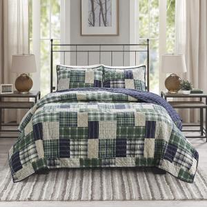 Madison Park Patchwork Farmhouse Green/Navy Queen Quilt Set, 3pc, Full/Queen
