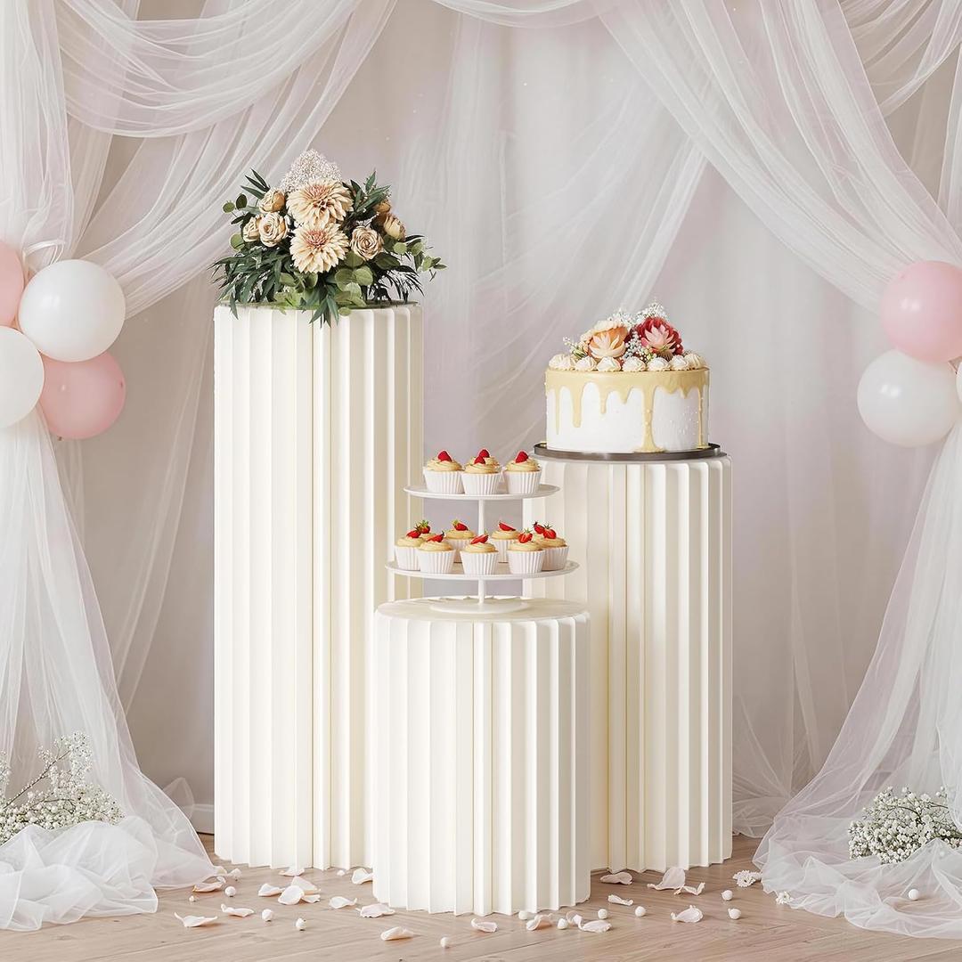 Cylinder Stands for Party, 3 PCS Foldable Cilindros Para Fiestas Redondos Blancos Cake Pedestal Stand With Acrylic Disc for Parties Birthday Wedding Pillars Display Decoratio（H31.5", 23.6", 15.7"）