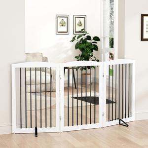 Freestanding Pet Gate for Dogs, Foldable Wooden Dog Gate for House Indoor, Tall Pet Fence for Stair, Doorway,Hall, Support Feet Included, 3 Panels 32",White