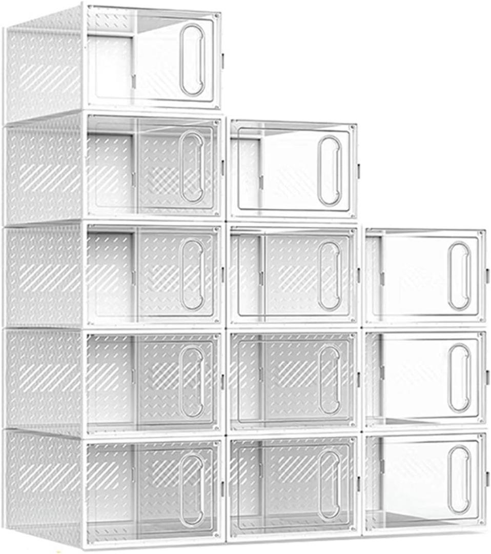 12 Packs Clear Plastic Shoebox With Magnetic Door, X-Large(14"× 10" × 7") Stackable Shoe Box Storage With Lids, Multifunctional Sneaker Containers, Toy Storage, Space-Saving Shoe Rack White