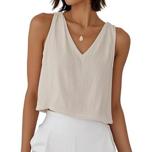 Women Linen Crop Tank Tops V Neck Spring Summer Sleeveless Casual Cute Beach Shirts, M