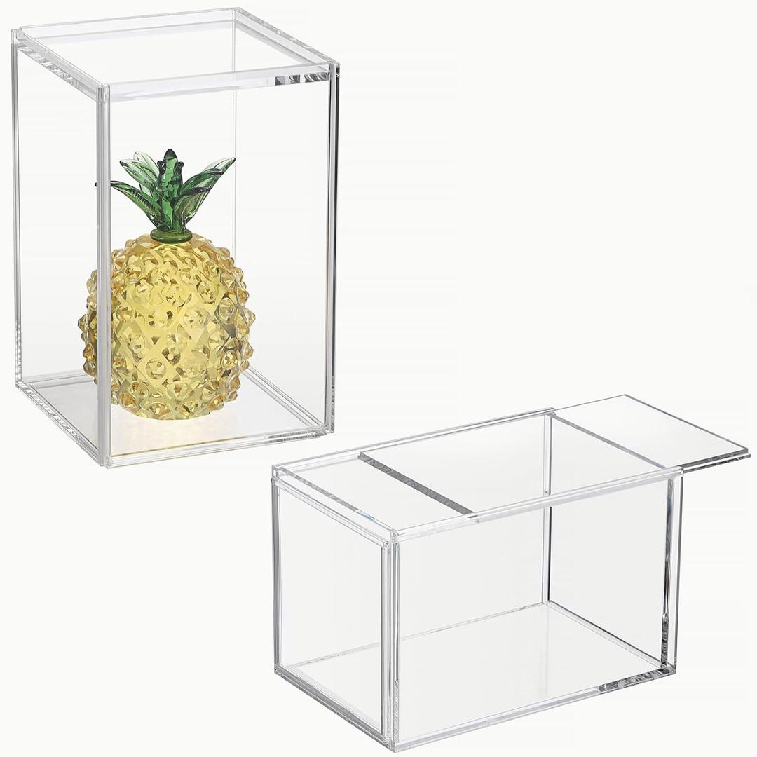 JUXYES 2 Pack Clear Display Case for Mini Action Figures, Acrylic Box with Sliding Door, Stackable Cube Small Showcase, Free Standing Collectibles Protection, 3x3x4.5 Inches