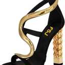 FSJ Women Flower Gold Metal Chain Chunky High Heels Ankle Strap Sandals Open Toe Fashion Summer Dressy Shoes Size 11