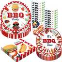 Adirasenotek BBQ Party Decorations BBQ Plates Napkins Cups,Disposable Paper Picnic supplies for Birthday, Baby Shower, Wedding, Barbecue Burgers and Grilled Meat Pattern, All Seasons