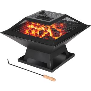 Small Fire Pit for Outside Wood Burning,Fire Bowls with Firproof Mat, Backyard Black Square Ourdoor Bonfire Pit with Waterproof Cover for Outside Patio Camping (Black, 22Inch)