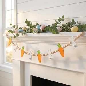 7.5 FT Easter Bunny & Carrot Garland, Felt and Wooden Beads Bunny Garland | Rustic Farmhouse Easter Decorations for Home Bar Party, Shelf Display, Fireplace, Wall Decor