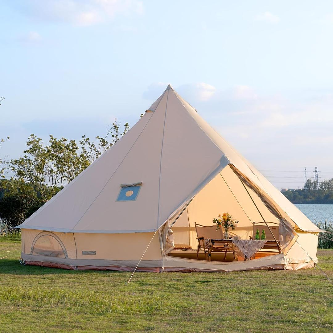 Bell Tent with Stove Jack, 4 Season Glamping Tent, 13.1*13.1*8.2ft/6-8 person /Beige, Large