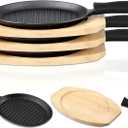 Tanlade 3 Sets Cast Iron Skillets Pre Seasoned Fajita Pan Heavy Duty Construction Sizzling Plates with Wooden Base and Silicone Handle Mitt, Black