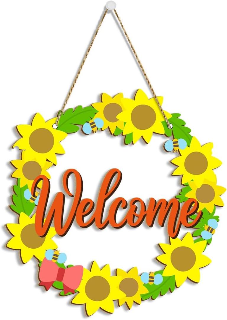 Sunflower Wreath for Front Door Sign Hanging Summer Party Wood Wall Decor Hanger Rustic Farmhouse Welcome Wood Sign Home Decor for Porch Home Bathroom