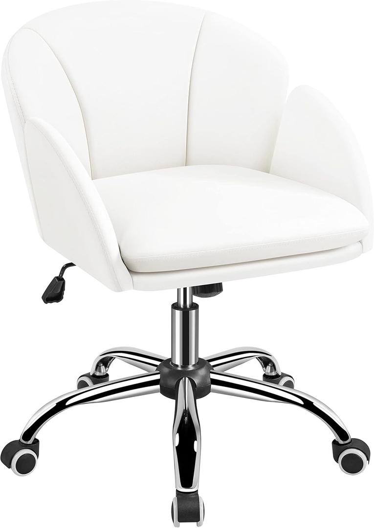 Yaheetech White Desk Chair Vanity Chair with Back Modern Faux Leather Swivel Rolling Office Computer Armchair for Living Room, Bedroom