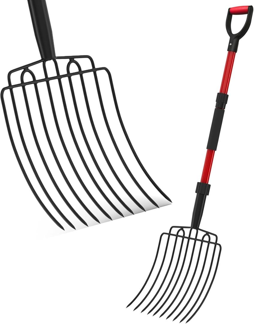 COSITA Pitch Fork for Garden, Wide Pitchfork with 10 Metal Tines, Heavy Duty Garden Fork with Fiberglass Handle 44-Inches, Chicken Coop Pitchforks for Manure, Mulching, Composting, Red
