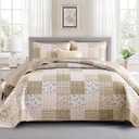 Mybedsoul Beige Boho Quilt Set Cal King Size, 3 Pieces Plaid Floral Bedspread Set Patchwork Reversible Bedding Set Microfiber Bedding Bedspread Coverlet Set for All Season 106''x96''