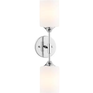 BYOLIIMA 2-Lights Modern Wall Sconce White Cylinder Glass Shades Mid Century Bathroom Vanity Wall Light Fixtures Industrial Wall Lamp for Bedroom Mirror Living Room Restaurant(Chrome Color)