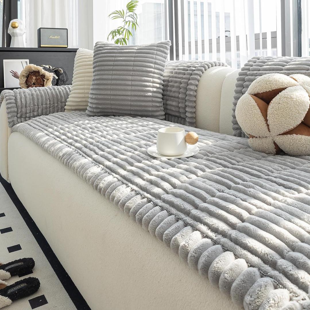 Sofa Couch Cover, Sofa Covers for Dogs Washable, Non-Slip Striped Sofa Slipcovers for Sectional Sofa, Sofa Cover Furniture Protector for L Shaped(Light Grey, 27.6"x 59")