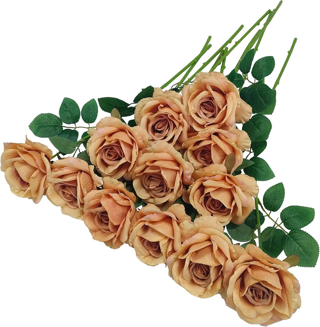 ATFL Brown Roses,12 Pcs Brown Flowers, Floral Diameter 4'',Artificial Fake Faux Silk Roses with Stems for Wedding Arrangement Centerpieces Party Home Table Decorations (Toffee)