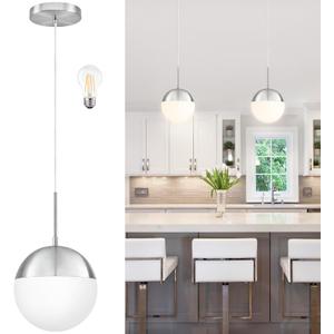 8 Inch Nickel Mid Century Modern Pendant Light Pendants for Kitchen Island Frosted Milky White Glass Globe Height-Adjustable Modern Hanging Globe Pendant Light for Bedroom (Bulb Incl)