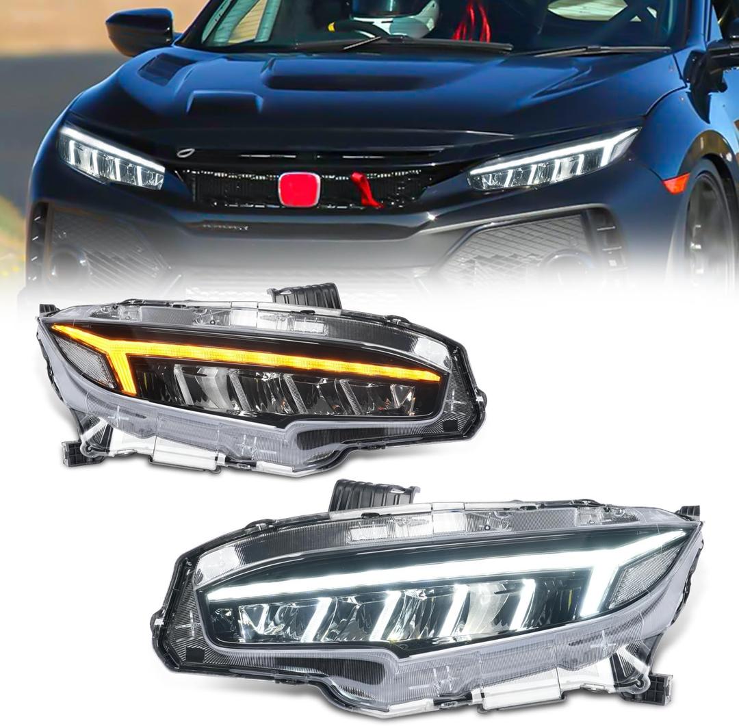 Archaic Headlights Assembly Compatible for 10th Gen Honda Civic 2016-2021,Projector Headlight w Sequential Turn Signal for Civic Sedan/Coupe/Hatchback,for EX/LX/Sport/Touring/Si/Type R, Pair