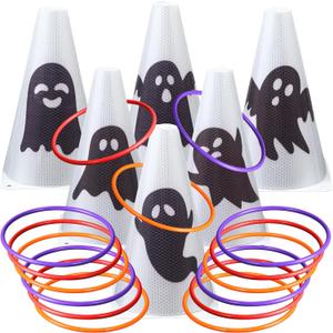 Leitee 6 Sets Candy Corn Ring Toss Game Plastic Cones Ring Toss Combo Set Mini Traffic Cones Toss Game for Sports Training Garden Backyard Outdoor Activities (Red Purple Orange)