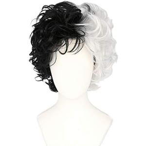 Topcosplay Women and Girls Wig Short Black and White Wigs Halloween Cosplay Wig