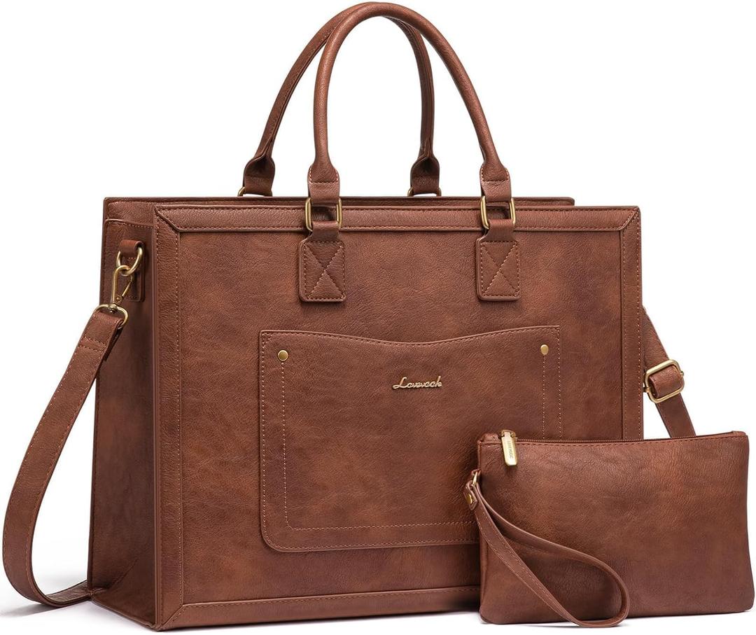 LOVEVOOK Laptop Tote Bag for Women, 15.6 Inch Work Bags, PU Vintage Leather Tote Bag, Waterproof Computer Bags with Clutch Purse, Large Capacity Messenger Bag for Teacher College Business Office (Dark Brown)