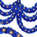 Prelit 100Light - 33 Ft Blue Tinsel Garland Hanukkah Decorations Thick and Thin Shiny Metallic Twist Christmas Garland with Lights Streamers for Chanukah Xmas Tree Home Decor Party Holiday Supplies