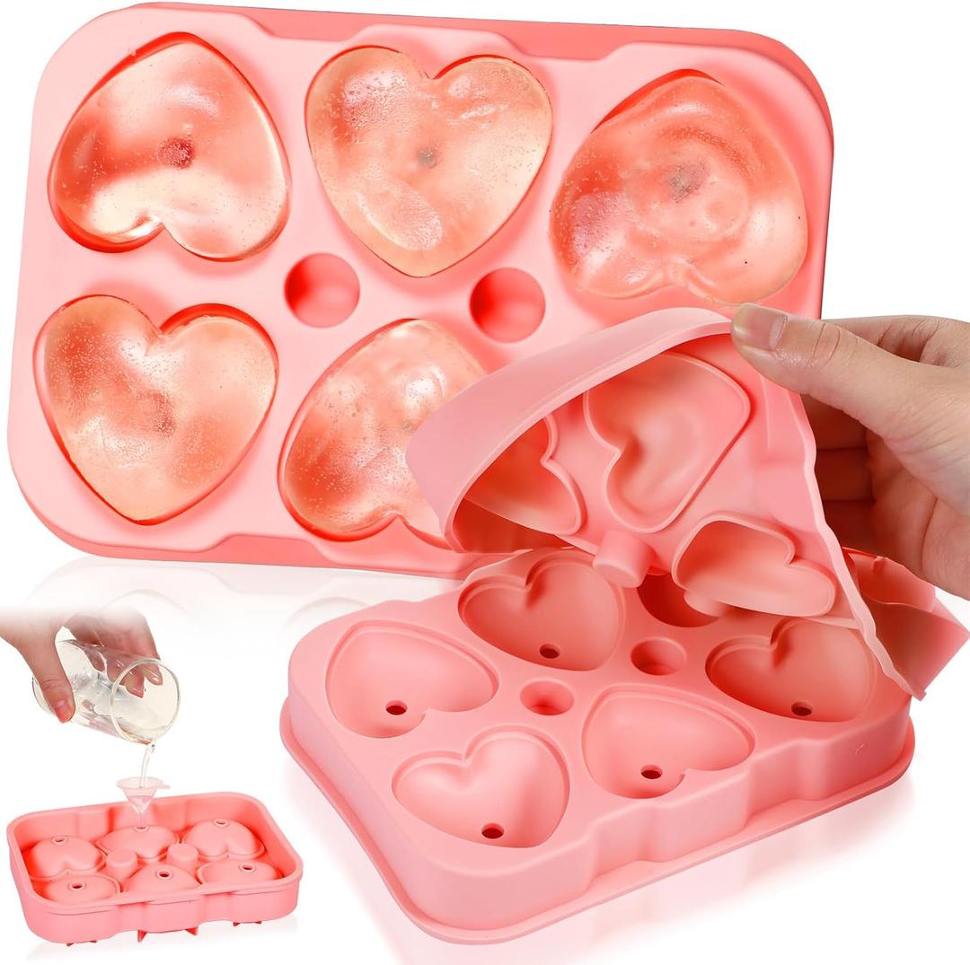 Domensi 2 Pcs Large 3D Heart Ice Mold Reusable Silicone 6 Heart Shape Ice Mold for DIY Chocolate Candy Whiskey Cocktail Beverages Tea Coffee Dishwasher Safe(Pink)