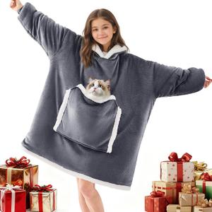 JOYWOO Wearable Blanket Hoodie,Oversized Cat Lovers Sweatshirt Blanket for Adult & Teens,Birthday Valentines Day Gifts for Teen Girls Boys Women 8-12,Cozy Sherpa Blanket Giant Pocket Gifts,Grey Small