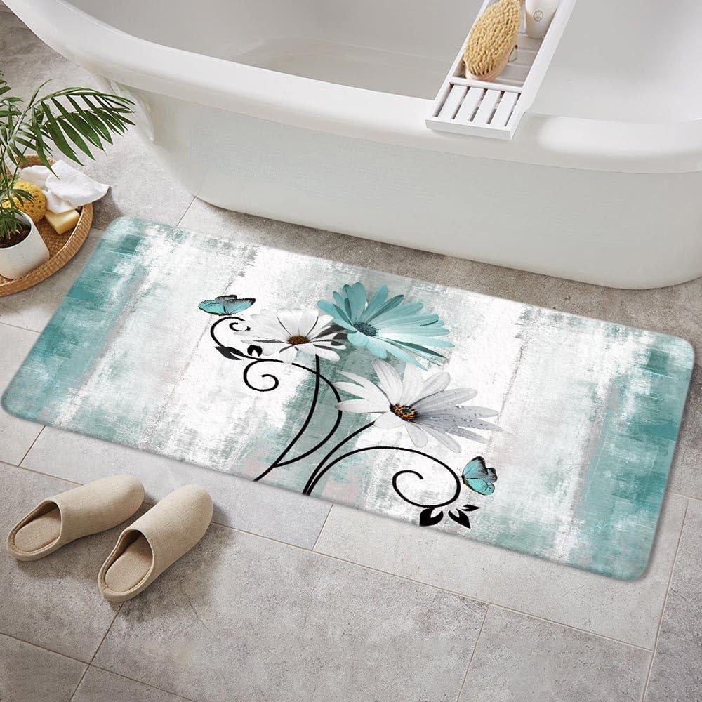 Rustic Farmhouse Bath Rug, Farm Teal Daisy Floral Flowers and Butterfly on Country Wooden Bath Mat Turquoise Blue Kitchen Rug Floor Mat Soft Non Slip Runner Carpet Indoor Doormat (16X48)