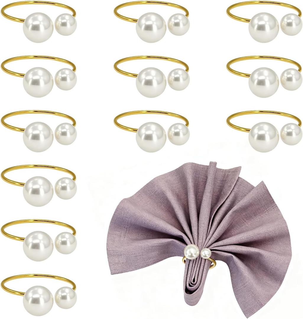 Gold Pearl Napkin Rings Set of 12, 4cm Ring with 1.2cm & 1.6cm Double Pearls for Elegant Table Setting, Wedding, Christmas, Thanksgiving Dinner Party Decor