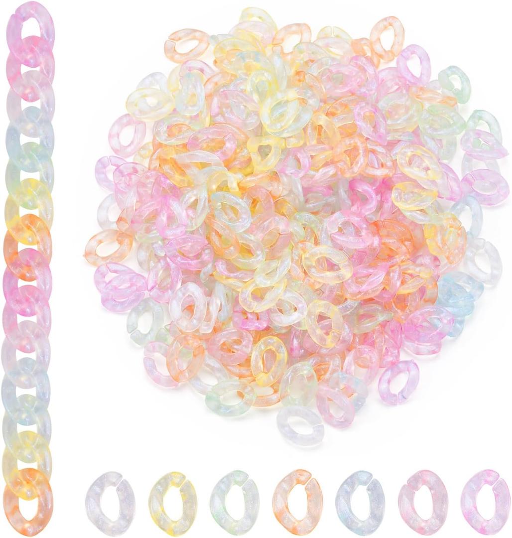 Pandahall 400Pcs Oval Linking Chain Rings Luminous Acrylic Linking Rings Rainbow Color Quick Link Connectors Twist Curb Chain Connectors for Purse Eyeglass Jean Pocket Chain Phone Strap Decoration