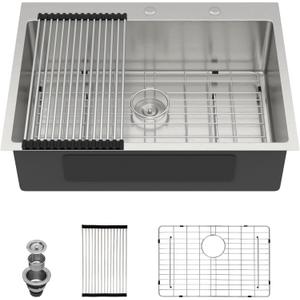 Drop In Kitchen Sink - 28 Inch Drop In 16 Gauge 304 Stainless Steel Kitchen Sink Handmade Topmount Single Bowl Over Counter Sinks Basin Round Corner, 28"x22"x9" #TLT-0037